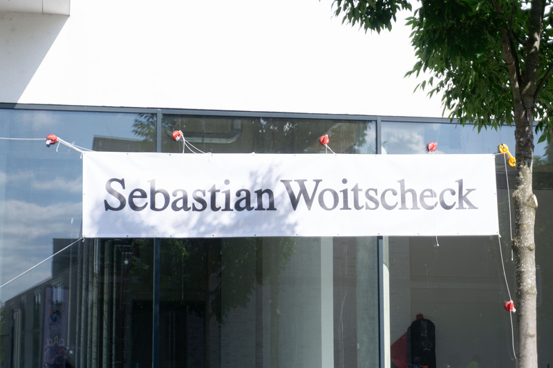 one of the two smaller 10x1 meter banners presenting Sebastian Woitscheck for Rundgang of Hochschule für Gestaltung Offenbach in Hafenspace